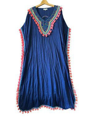 Ruby Yaya Beaded Tassel Kaftan Dress Navy Multicolor Boho - L